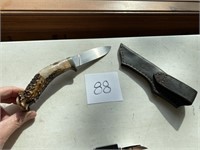 RABUCK ANTLER HANDLED HUNTING KNIFE W/ SHEATH