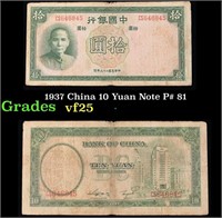 1937 China 10 Yuan Note P# 81 Grades vf+