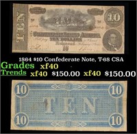 1864 $10 Confederate Note, T-68 CSA Grades xf