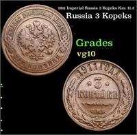 1911 Imperial Russia 3 Kopeks Km: 11.2 Grades vg+