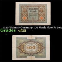 1920 Weimar Germany 100 Mark Note P: 69A Grades vf