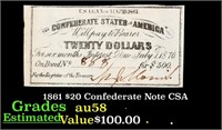 1861 $20 Confederate Note CSA Grades Choice AU/BU