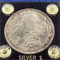 1921-D Morgan silver dollar in case  Edge toneing