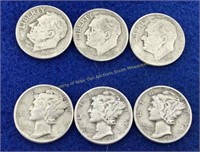 (6) Silver dimes  (3) Mercury  (3) Washington