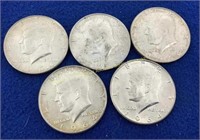 (5) Kennedy 90% silver half dollars  1964-D