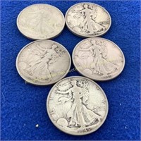 (5) Walking Liberty silver half dollars