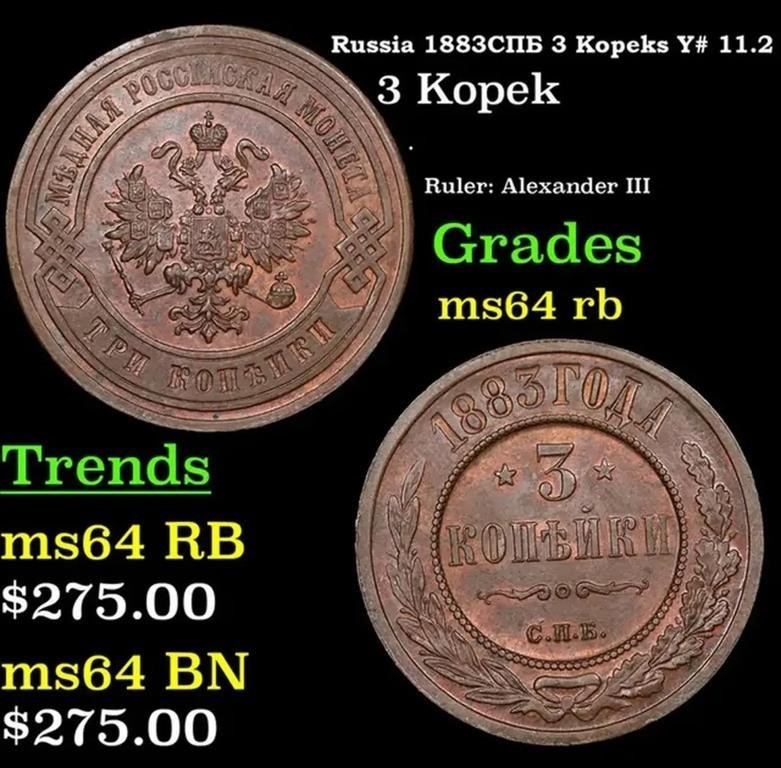 Russia 1883??? 3 Kopeks Y# 11.2 Grades Choice Unc