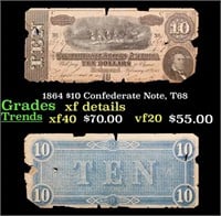 1864 $10 Confederate Note, T68 Grades xf details