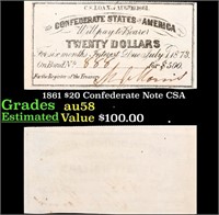 1861 $20 Confederate Note CSA Grades Select CU