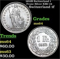 1952B Switzerland 1 Franc Silver KM# 24 Grades Cho