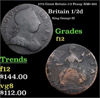 1775 Great Britain 1/2 Penny KM# 601 Grades f, fin
