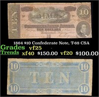 1864 $10 Confederate Note, T-68 CSA Grades vf+