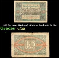 1920 Germany (Weimar) 10 Marks Banknote P# 67a Gra