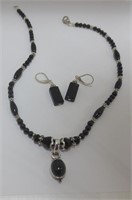 STERLING AND ONYX NECKLACE AND PIERCED EARRINGS