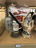BEER GLASS COLLECTION, 3 STEINS, PITCHER, ASHTRAY