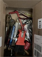 BOX OF TOOLS,. SOCKETS, SCREW DRIVERS, CLAMPS
