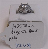 925 Silver Large CZ Heart Ring Sz 6.25