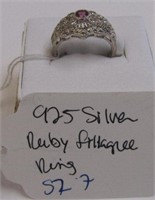925 Silver Ruby Filigree Ring Sz 7