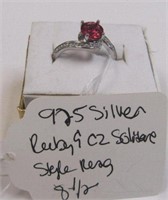 925 Silver Ruby & CZ Solitaire Style Ring Sz 8.5