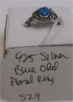 925 Silver Blue Opal Floral Ring Sz 9