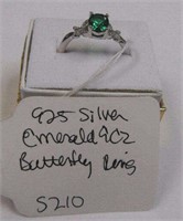 925 Silver Emerald & CZ Butterfly Ring Sz 10