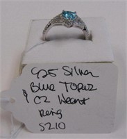 925 Silver Blue Topaz & CZ Heart Ring Sz 10