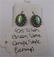 925 Silver Green Stone Dangle Earrings