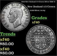 1944 New Zealand 1/2 Crown Silver KM# 11 Grades xf