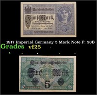 1917 Imperial Germany 5 Mark Note P: 56B Grades vf