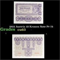 1922 Austria 10 Kronen Note P# 75 Grades Select CU
