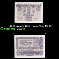 1922 Austia 10 Kronen Note P# 75 Grades Select CU