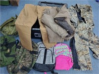 tote and contents, backpacks and coveralls