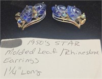 1950s Star Molded Leaf & Rhinestone Earrings