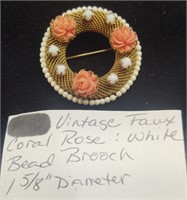 Vintage Faux Coral Rose & White Bead Brooch