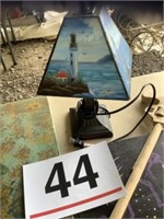 Small lamp, 2 paintings and pistol shaped cane