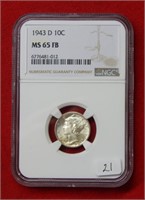 1943 D Mercury Silver Dime NGC MS65 FB