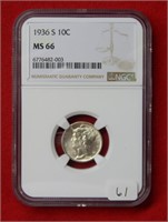 1936 S Mercury Silver Dime NGC MS66