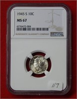 1945 S Mercury Silver Dime NGC MS67