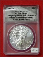 2020 (P) American Eagle ANACS MS70 1 Ounce Silver