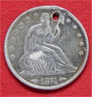 1874 Seated Liberty Silver Half $ - Holed -Arrows