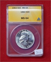 1963 Franklin Silver Half Dollar ANACS MS64