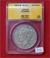 1934 Peace Silver Dollar ANACS AU53 Detail Cleaned