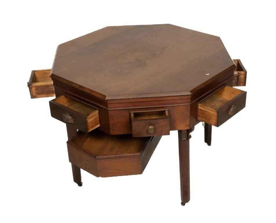 19th/20th C Octagonal Rent Table with 9 Drawers