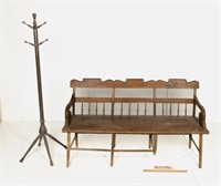 19th C Deacon's Bench and Standing Coat Rack