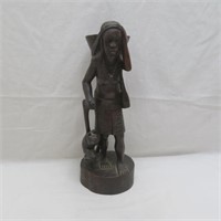 Statue - Woman Carrying Vessel & Dog - Carved Wood