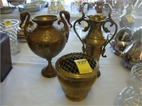 Three 1930 etched brass Eastern Indian vases with