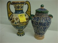 Italian faience hand painted handled vase along