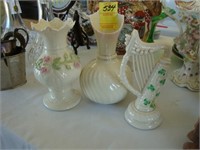 Two Belleek vases along with a harp whimsey.