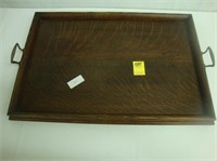Tiger oak serving tray with brass handles, 18” x