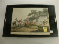 Wood and glass serving tray depicting a hunting